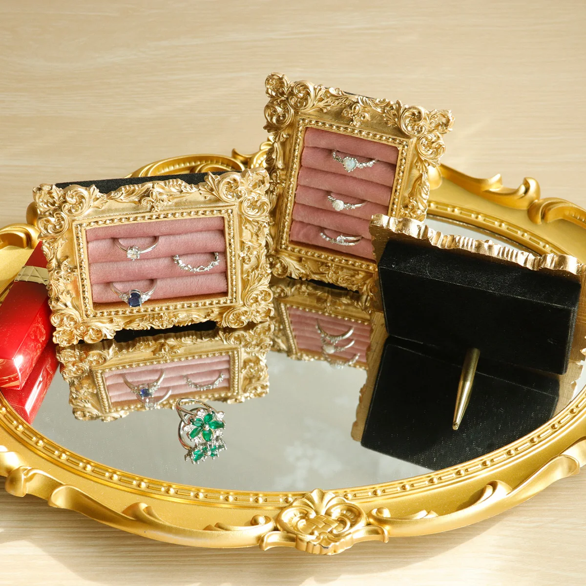 Présentoir Bagues Daim Baroque – Plateau Bijoux Fiançailles Vintage