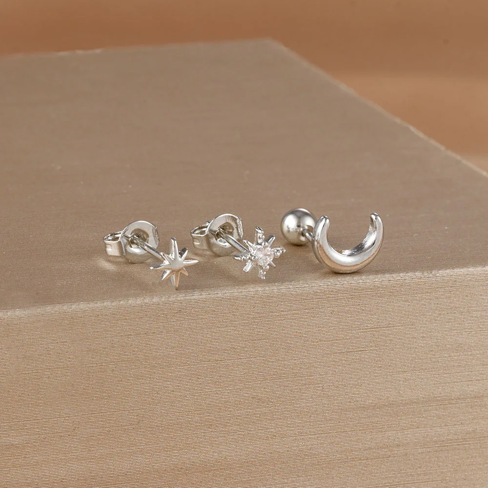 Boucles d'Oreilles Étoile Lune Punk – Set 3 Pièces Unisexe
