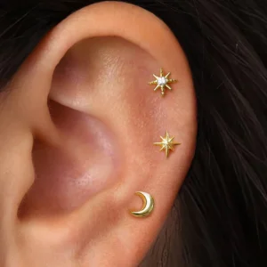 Clous Étoile Lune Argentés Set 3 – Boucles Cartilage Rock Unisexe