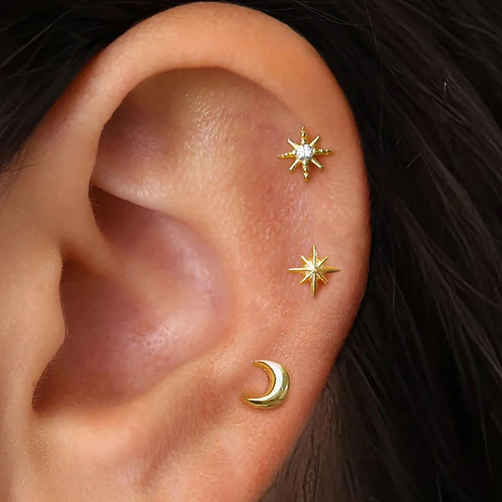 Boucles d'Oreilles Étoile Lune Punk – Set 3 Pièces Unisexe