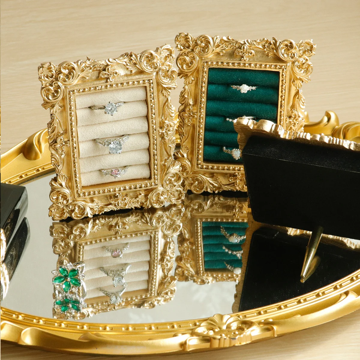 Présentoir Bagues Daim Baroque – Plateau Bijoux Fiançailles Vintage