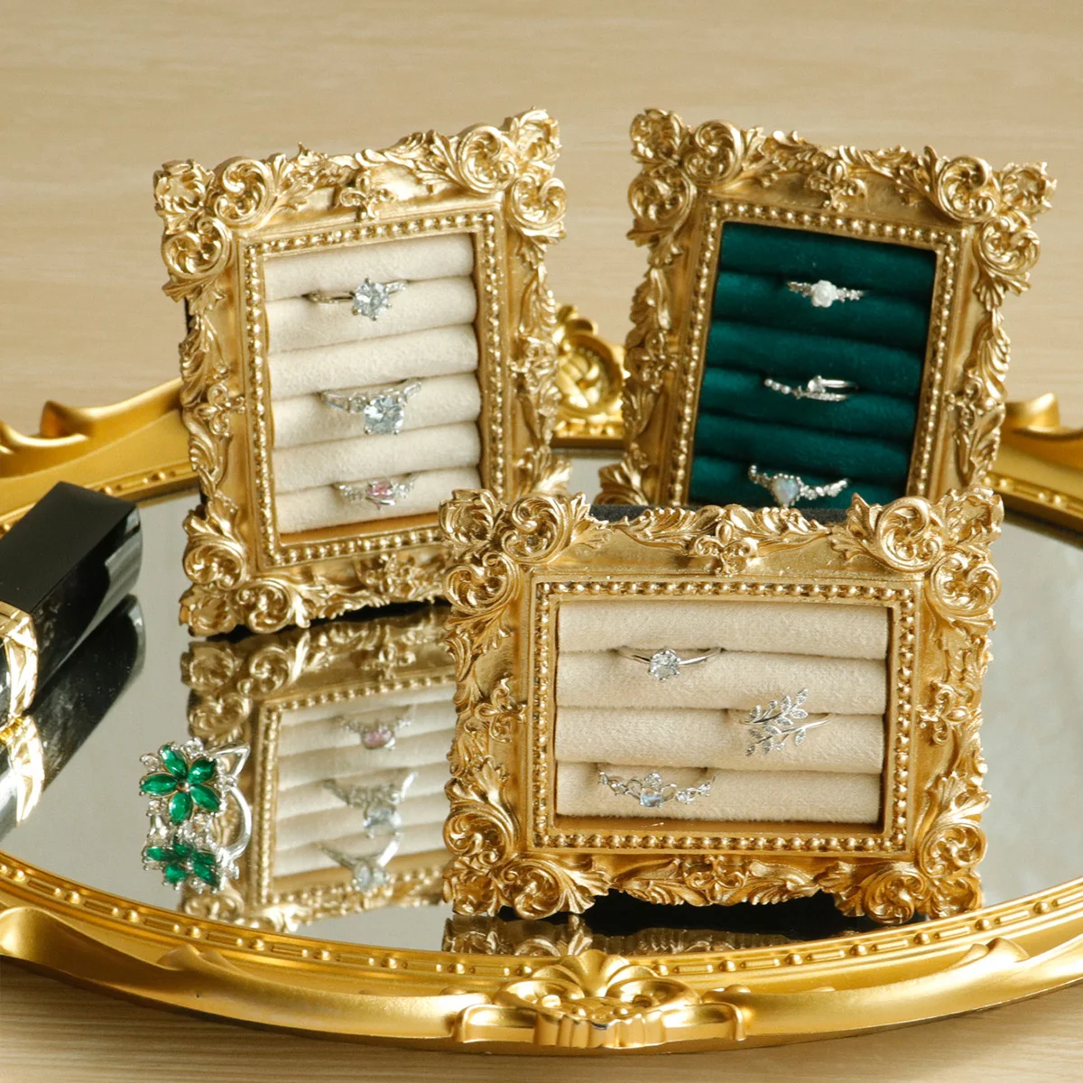 Présentoir Bagues Daim Baroque – Plateau Bijoux Fiançailles Vintage