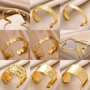 Bracelet Fleur Vintage Doré – Bijou Manchette Couple Acier