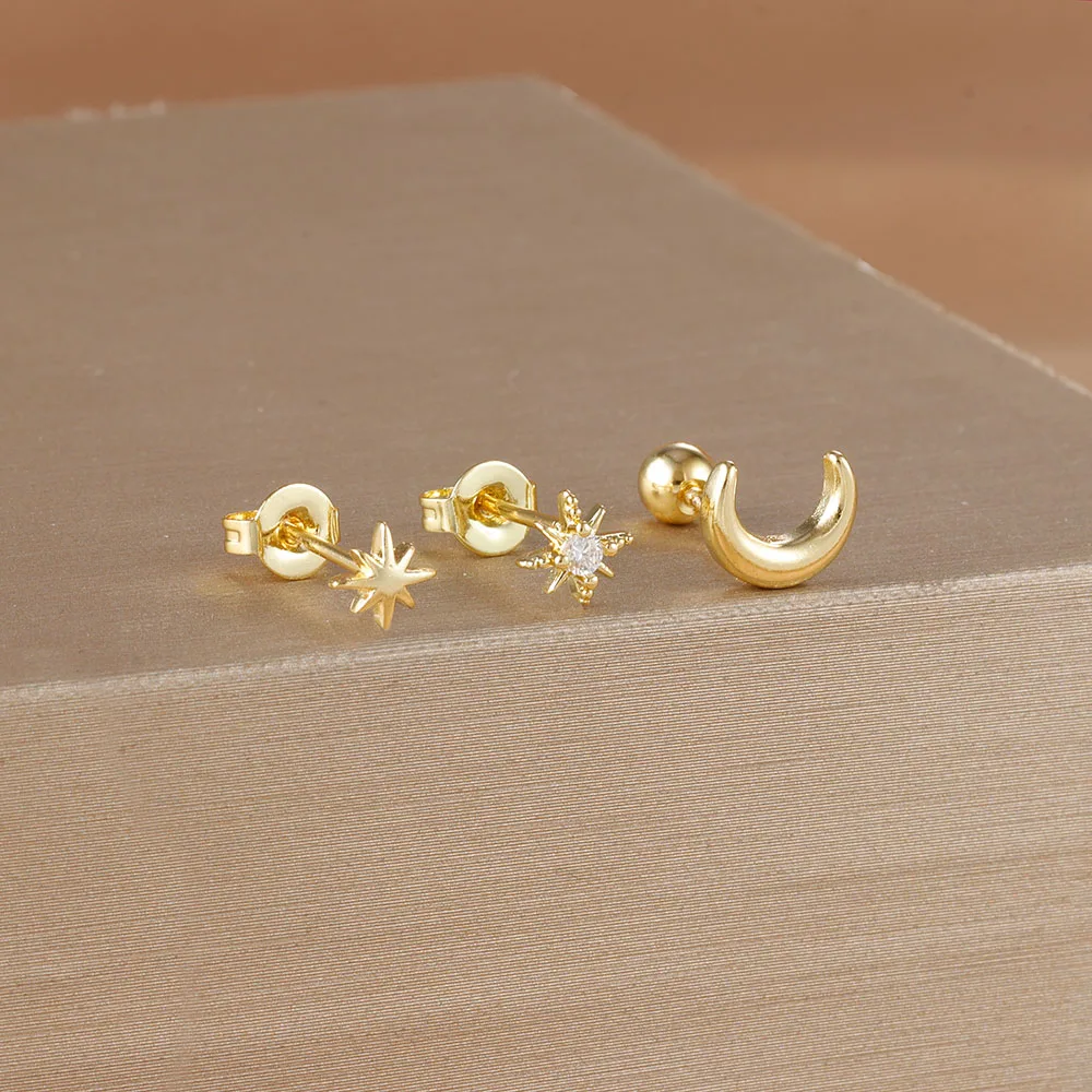 Boucles d'Oreilles Étoile Lune Punk – Set 3 Pièces Unisexe