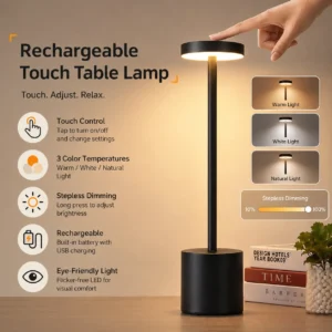 Lampe de Table Tactile Rechargeable – Éclairage 3 Couleurs Bureau