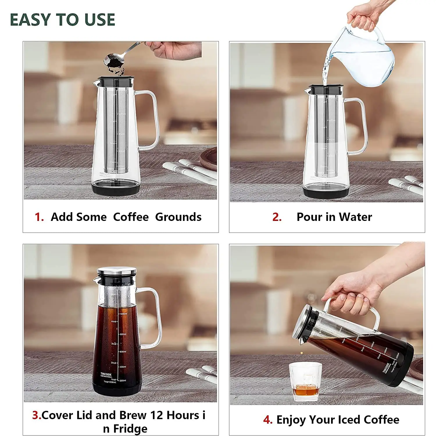 Cafetière Infusion à Froid Verre – Carafe Filtre Inox 1L